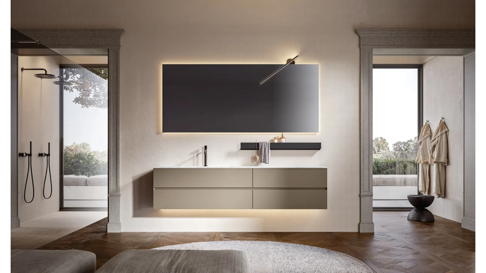 Artemide 03 suspended bathroom cabinet in chamois lacquer by Edoné