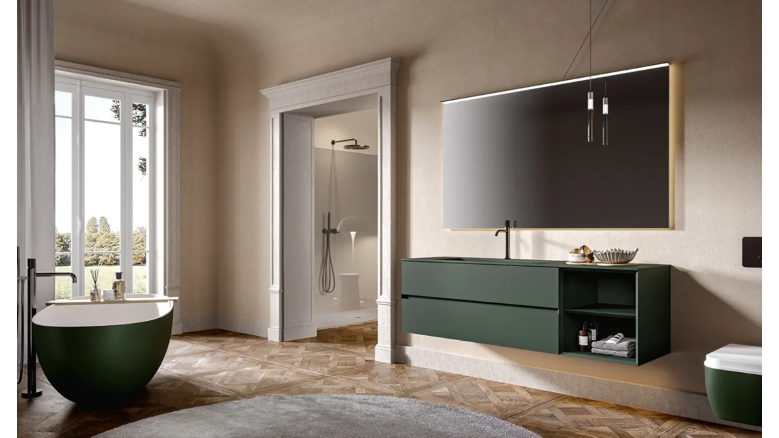 Artemide 05 suspended bathroom cabinet lacquered in forest green by Edoné