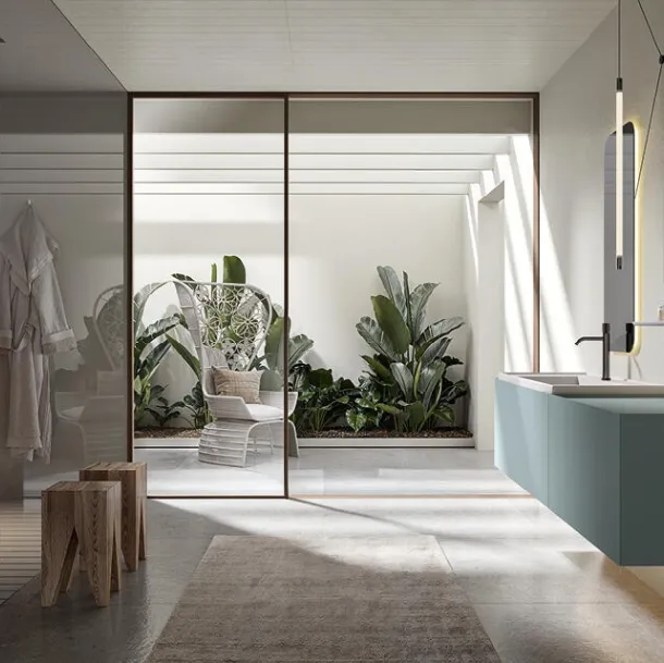 Denim lacquered wall-hung bathroom cabinet Atena 03 by Edoné