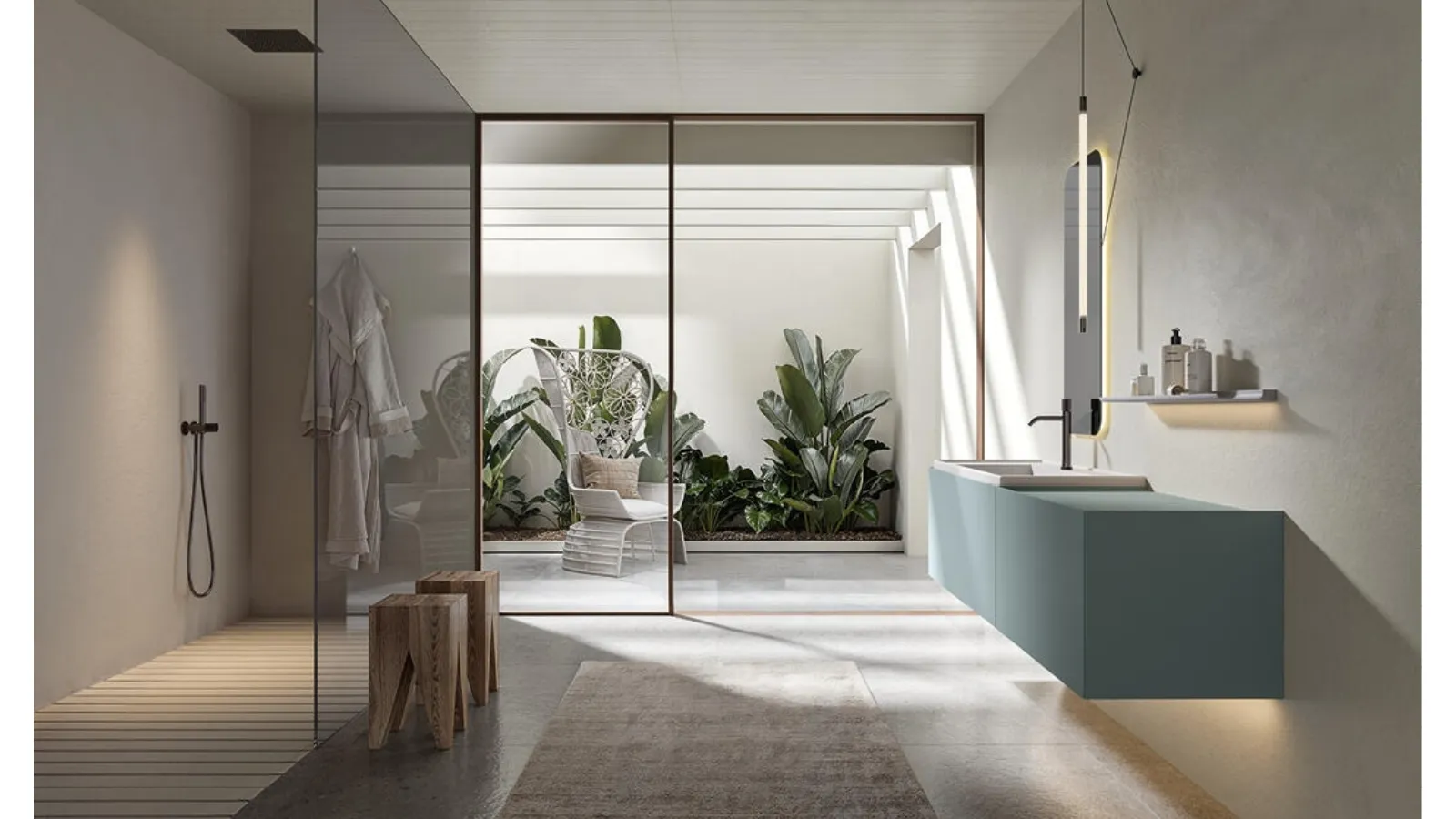 Denim lacquered wall-hung bathroom cabinet Atena 03 by Edoné