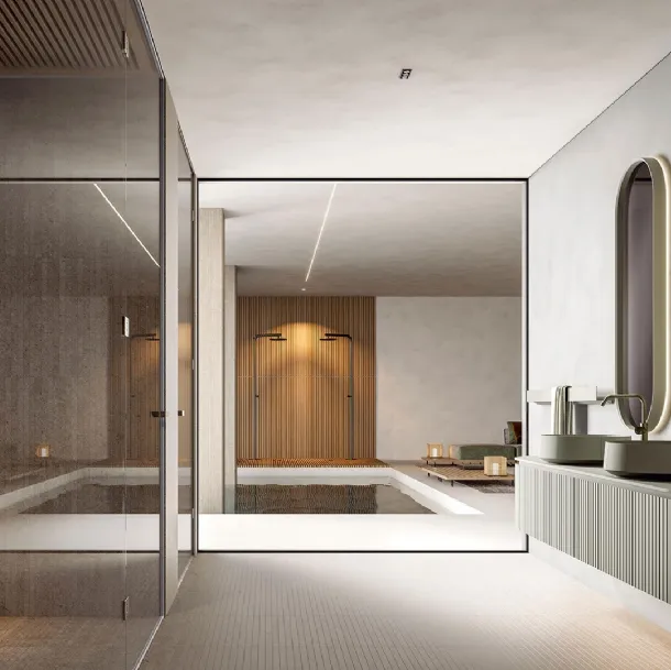 Wall-mounted bathroom cabinet with rounded shape Calipso 2341 finish Texture Veneziana veneered in Edoné-stained Chestnut