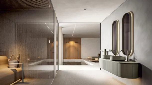 Wall-mounted bathroom cabinet with rounded shape Calipso 2341 finish Texture Veneziana veneered in Edoné-stained Chestnut