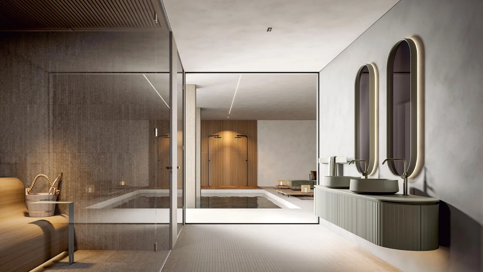 Wall-mounted bathroom cabinet with rounded shape Calipso 2341 finish Texture Veneziana veneered in Edoné-stained Chestnut