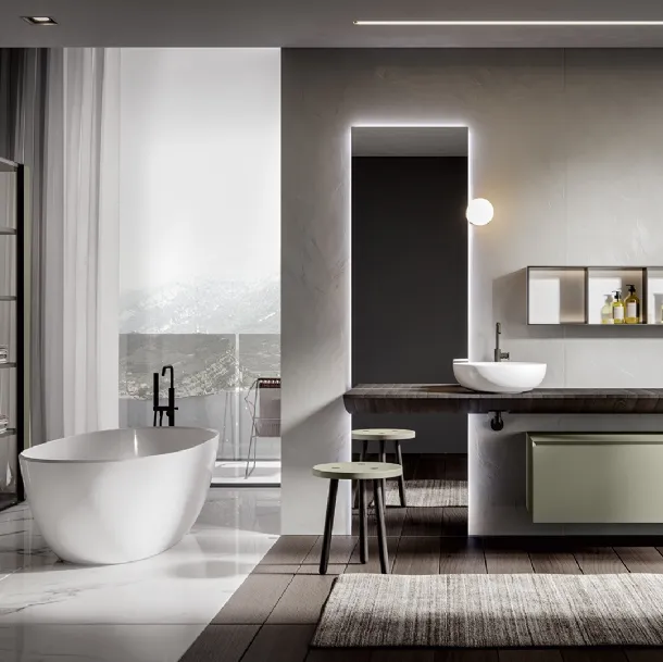 Chrono 2302 Wall-Mounted Bathroom Cabinet in Matte Argilla Lacquer with Vela Top in Smoked Chestnut by Edoné