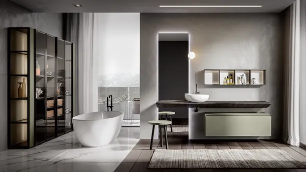 Chrono 2302 Wall-Mounted Bathroom Cabinet in Matte Argilla Lacquer with Vela Top in Smoked Chestnut by Edoné