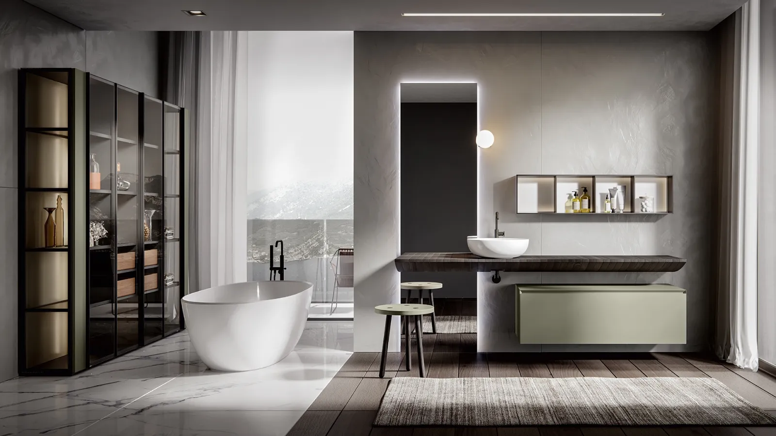 Chrono 2302 Wall-Mounted Bathroom Cabinet in Matte Argilla Lacquer with Vela Top in Smoked Chestnut by Edoné