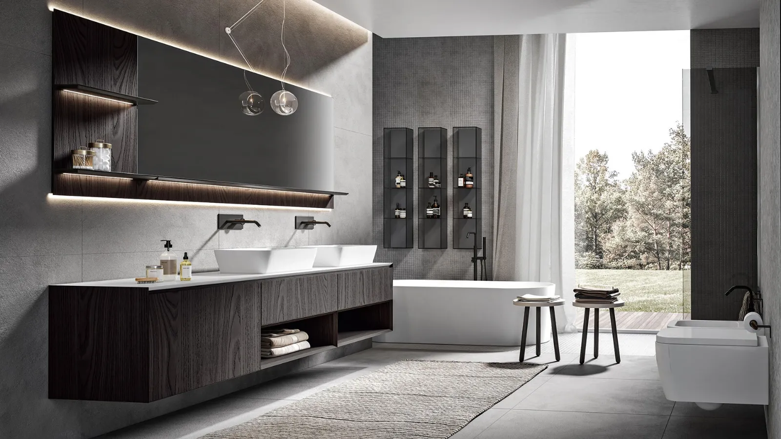 Bathroom Furniture Chrono 2304 with Chestnut Wood Finish in Soot Tint by Edoné