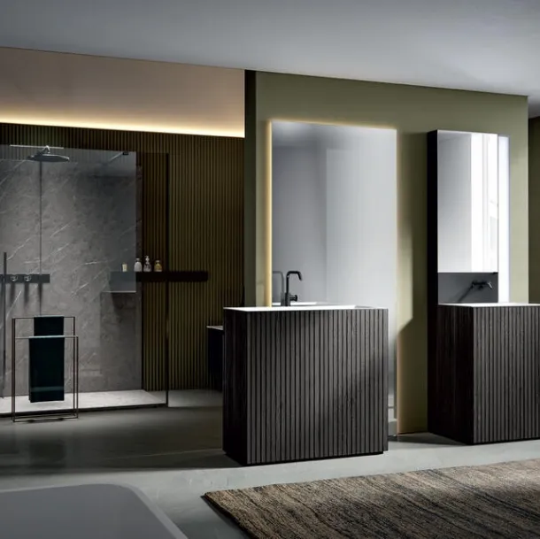Floor-standing Bathroom Cabinet in Venetian Texture Soot with integrated Chrono 38 3003 top by Edoné