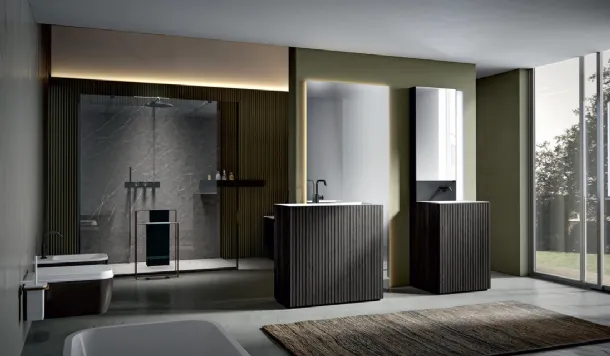 Floor-standing Bathroom Cabinet in Venetian Texture Soot with integrated Chrono 38 3003 top by Edoné