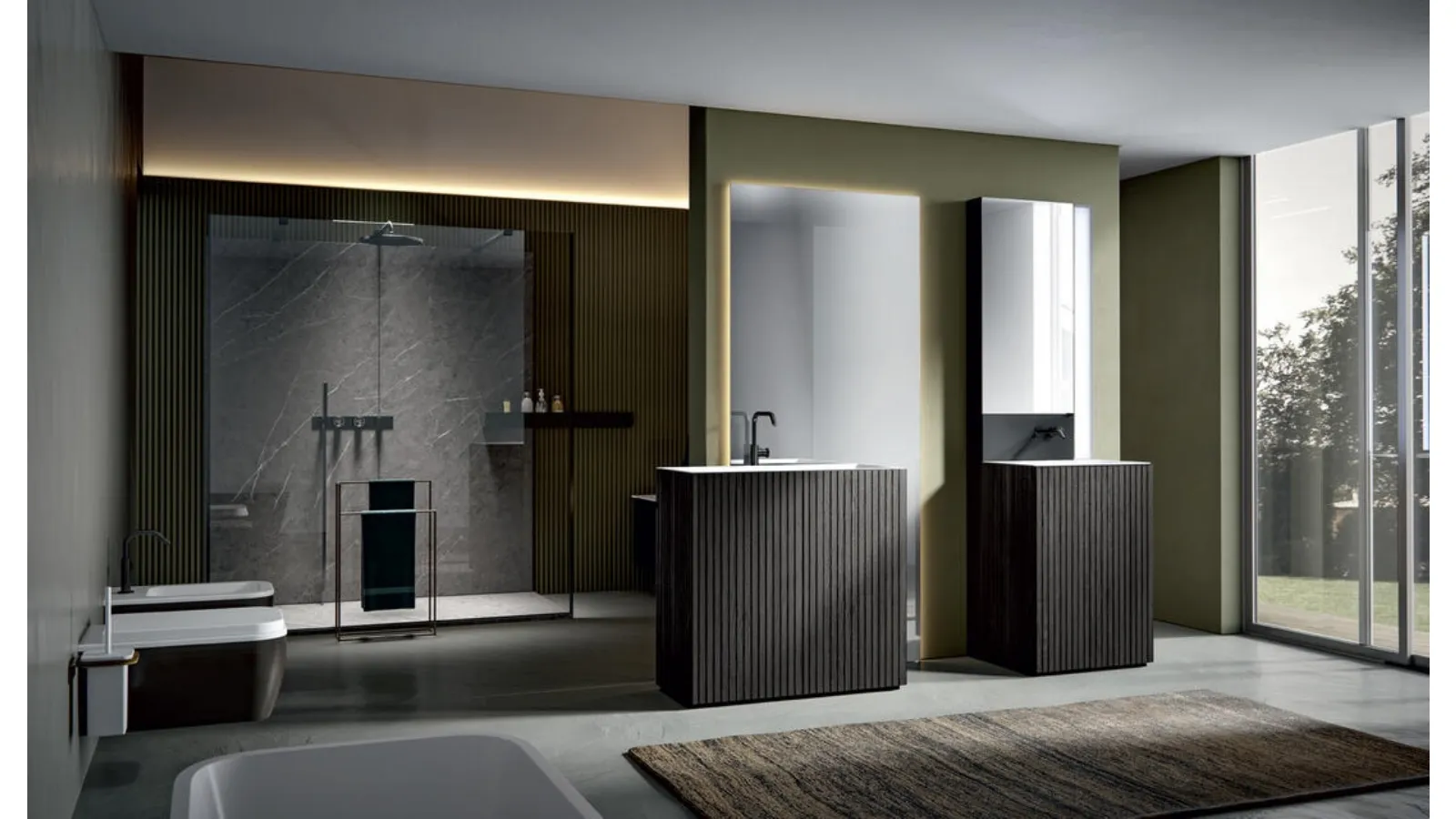 Floor-standing Bathroom Cabinet in Venetian Texture Soot with integrated Chrono 38 3003 top by Edoné