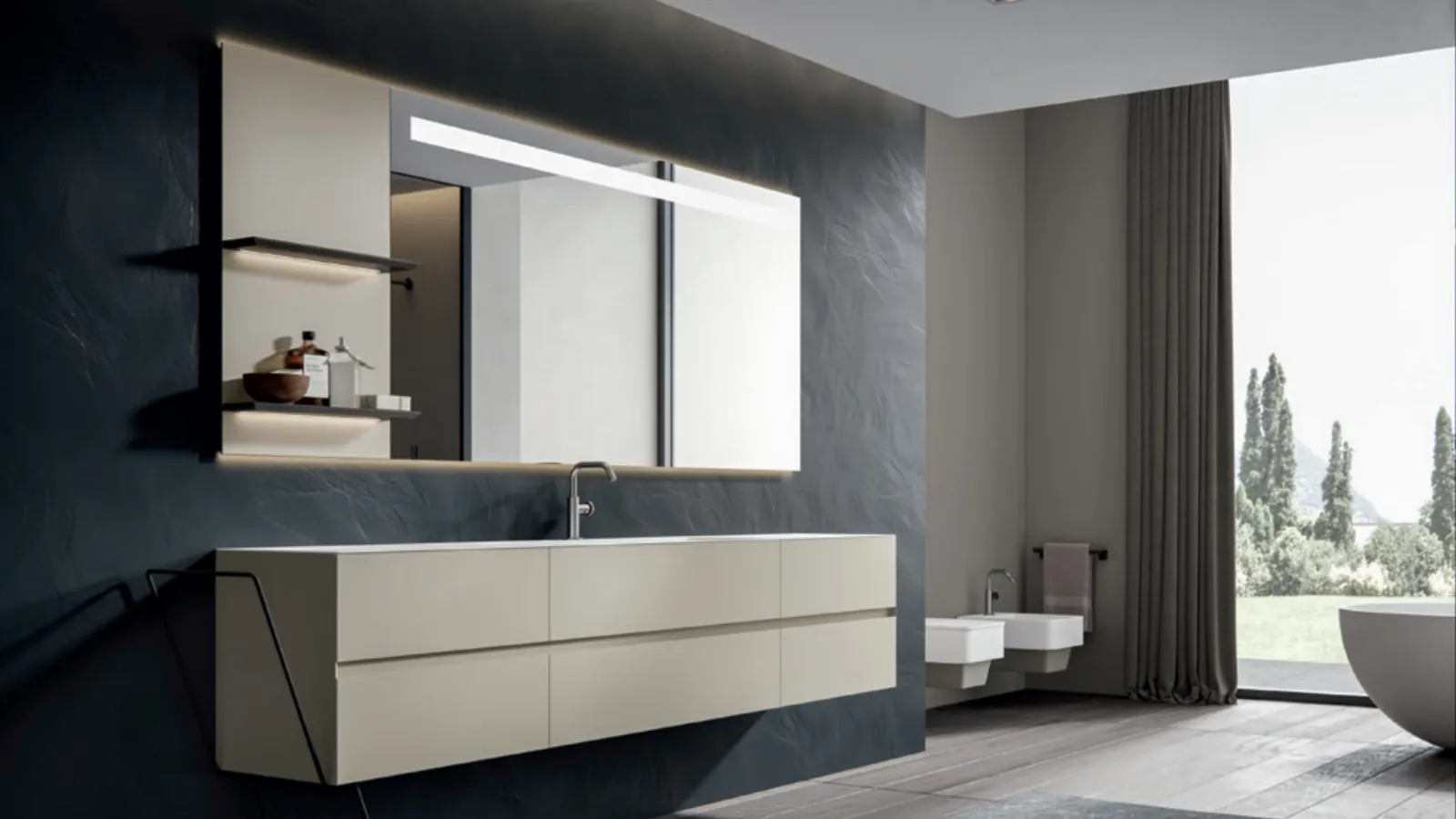 Wall-mounted bathroom cabinet in matte lacquered Ecrù Chrono 44 4005 by Edoné
