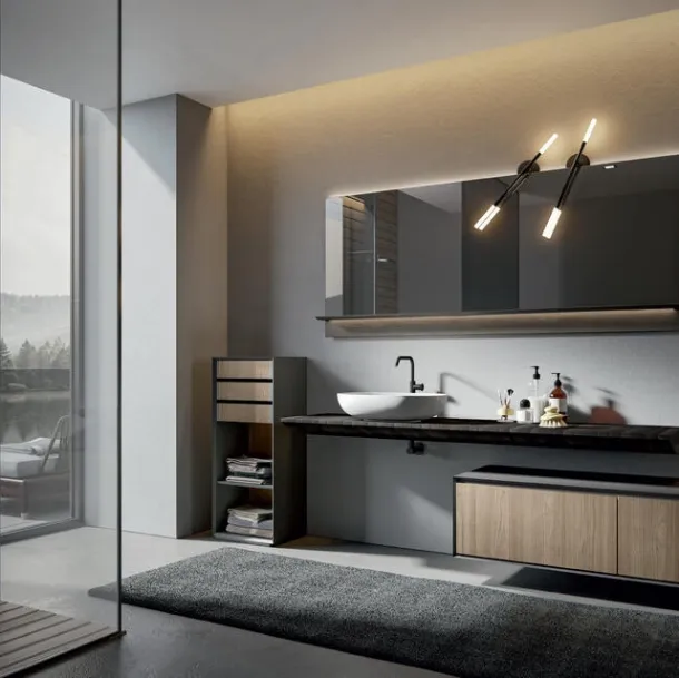 Wall-mounted Castagno bathroom cabinet with Vela Castagno top in Fuliggine Crio 004 by Edoné