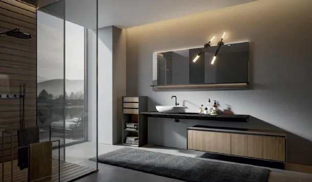 Wall-mounted Castagno bathroom cabinet with Vela Castagno top in Fuliggine Crio 004 by Edoné