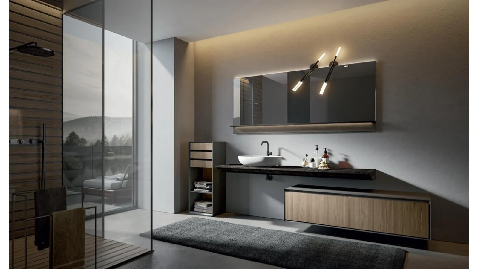 Wall-mounted Castagno bathroom cabinet with Vela Castagno top in Fuliggine Crio 004 by Edoné