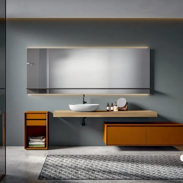 Wall-mounted lacquered bathroom cabinet in matte Rust with a console in Natural-stained Castagno Crio 005 by Edoné