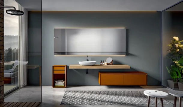 Wall-mounted lacquered bathroom cabinet in matte Rust with a console in Natural-stained Castagno Crio 005 by Edoné