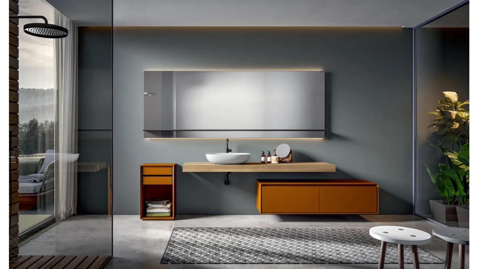 Wall-mounted lacquered bathroom cabinet in matte Rust with a console in Natural-stained Castagno Crio 005 by Edoné