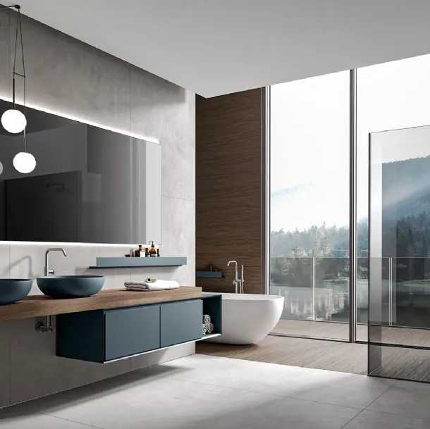 Crio 006 Wall-Mounted Bathroom Cabinet in Matte Pavone Lacquer with Cumino-Dyed Castagno Doga Top by Edoné