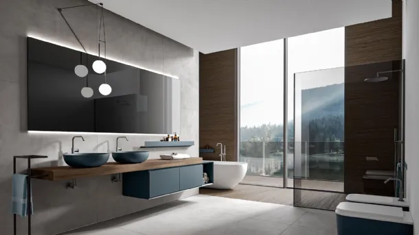 Crio 006 Wall-Mounted Bathroom Cabinet in Matte Pavone Lacquer with Cumino-Dyed Castagno Doga Top by Edoné