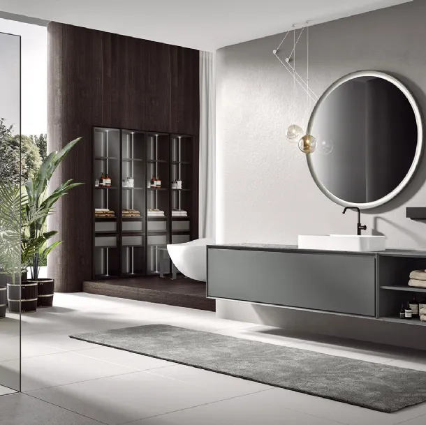Crio 2308 Wall-Mounted Bathroom Cabinet in Matte Peltro Lacquer with Iseo Gris Gres Top and Perimeter by Edoné