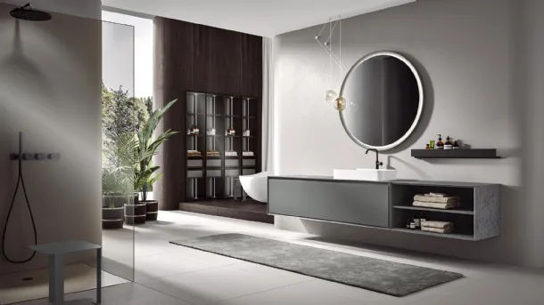 Crio 2308 Wall-Mounted Bathroom Cabinet in Matte Peltro Lacquer with Iseo Gris Gres Top and Perimeter by Edoné