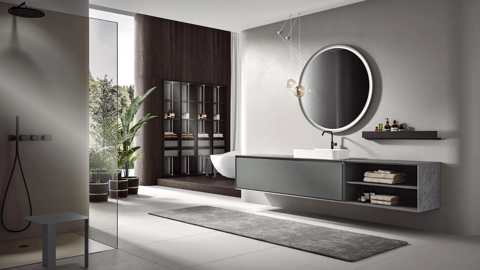 Crio 2308 Wall-Mounted Bathroom Cabinet in Matte Peltro Lacquer with Iseo Gris Gres Top and Perimeter by Edoné