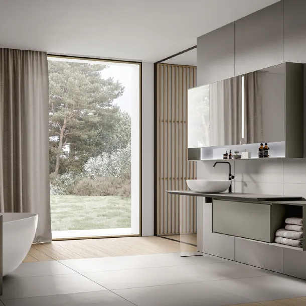 Suspended Bathroom Cabinet Crio 2309 in matte Talpa lacquer with Laminam Pietra Piasentina top by Edoné
