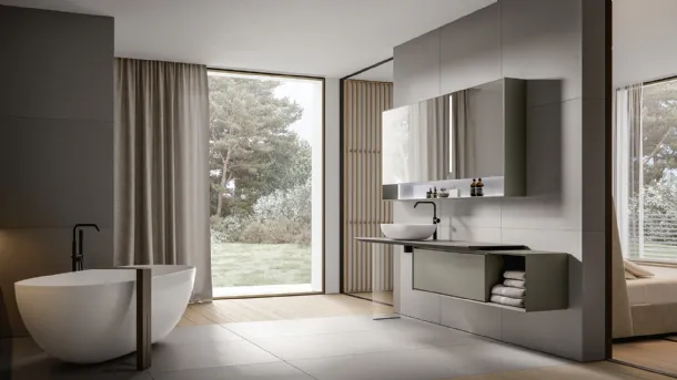 Suspended Bathroom Cabinet Crio 2309 in matte Talpa lacquer with Laminam Pietra Piasentina top by Edoné