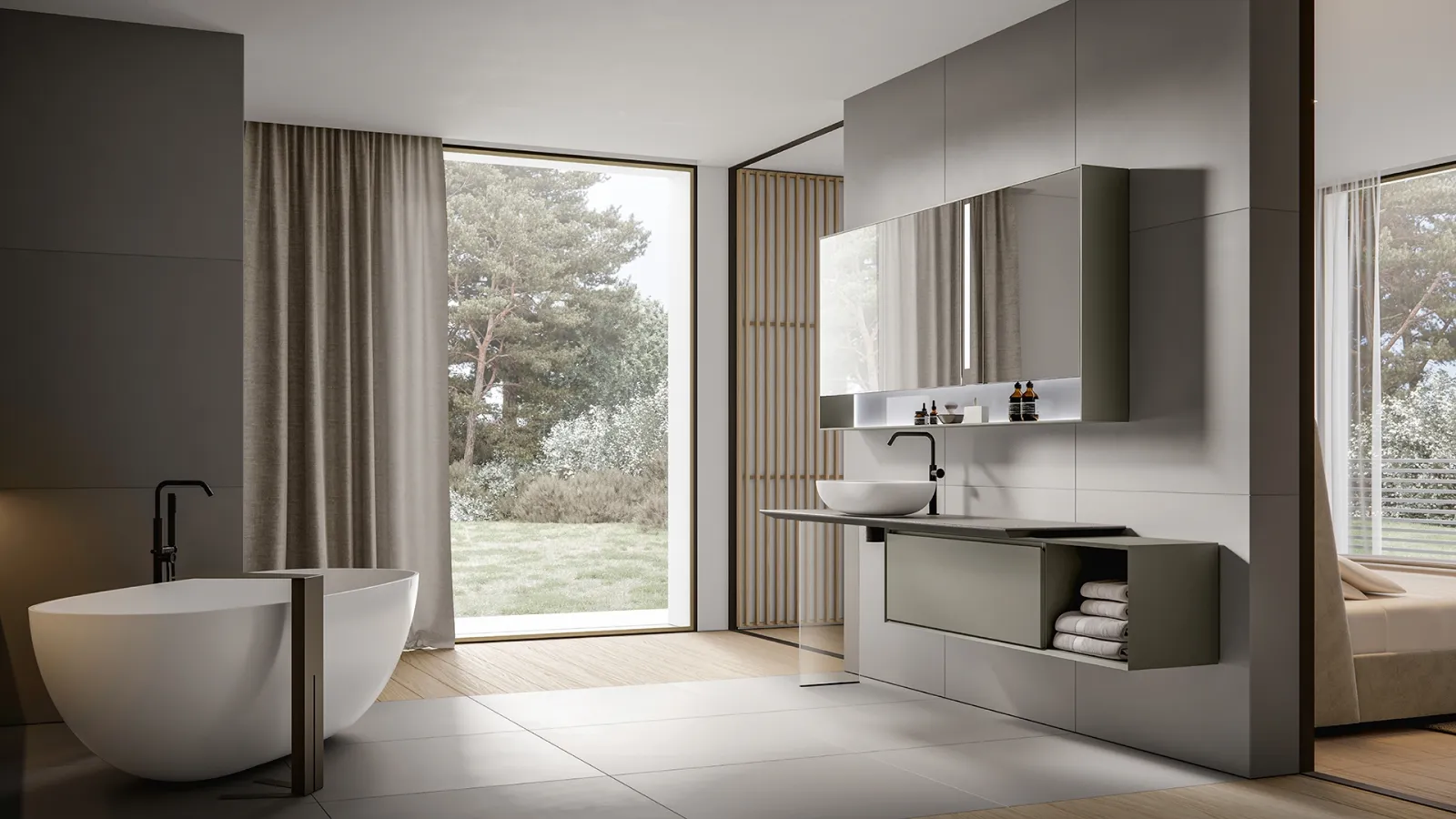 Suspended Bathroom Cabinet Crio 2309 in matte Talpa lacquer with Laminam Pietra Piasentina top by Edoné
