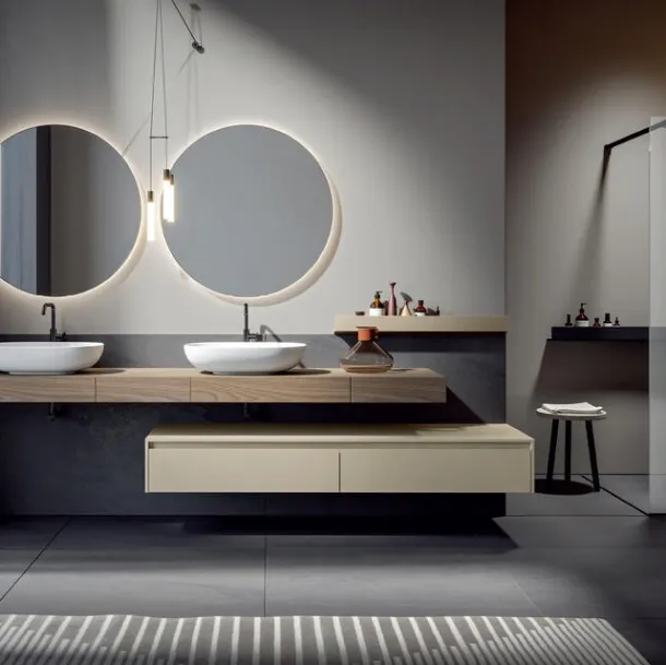 Wall-mounted bathroom cabinet in matte lacquered Conchiglia with Cumino Eos 008 stained chestnut console by Edoné