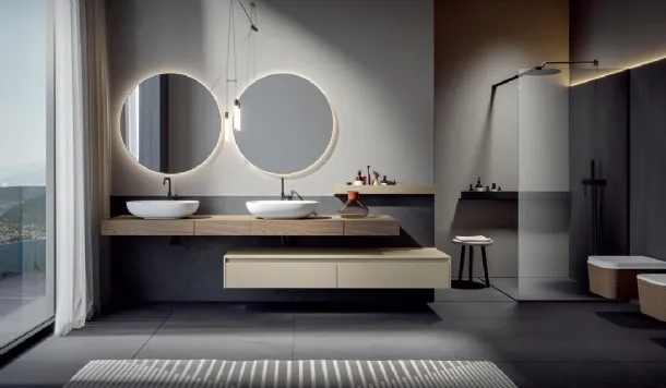 Wall-mounted bathroom cabinet in matte lacquered Conchiglia with Cumino Eos 008 stained chestnut console by Edoné