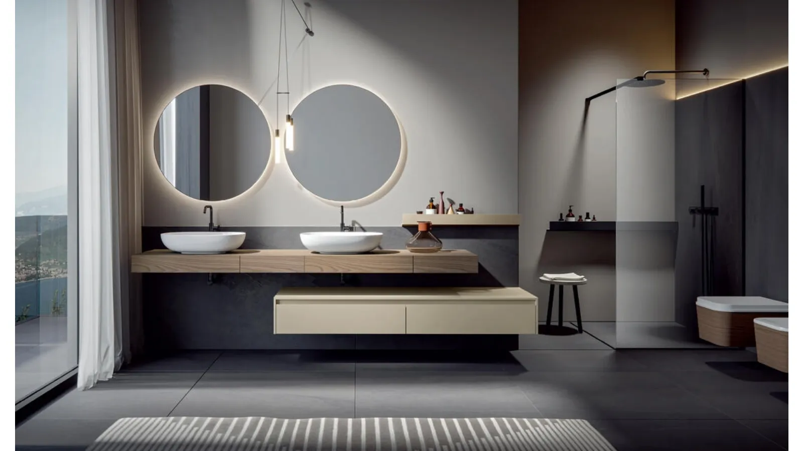 Wall-mounted bathroom cabinet in matte lacquered Conchiglia with Cumino Eos 008 stained chestnut console by Edoné