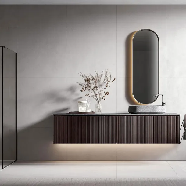 Eos 2316 wall-mounted bathroom cabinet in thermally treated oak with Capri Oak texture finish by Edoné