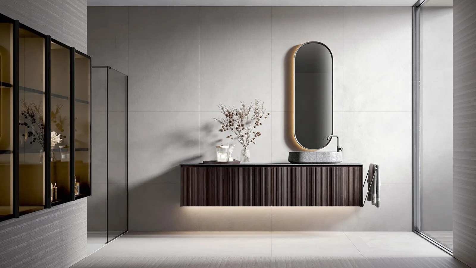 Eos 2316 wall-mounted bathroom cabinet in thermally treated oak with Capri Oak texture finish by Edoné