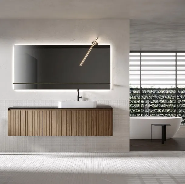 Eos 2317 wall-mounted bathroom cabinet with cumin-dyed chestnut structure and cumin-dyed chestnut Venetian texture finish front by Edoné