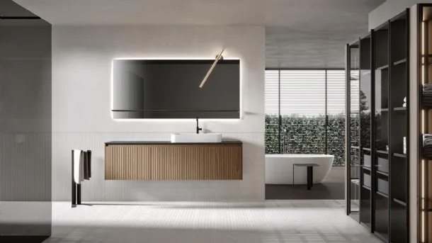 Eos 2317 wall-mounted bathroom cabinet with cumin-dyed chestnut structure and cumin-dyed chestnut Venetian texture finish front by Edoné