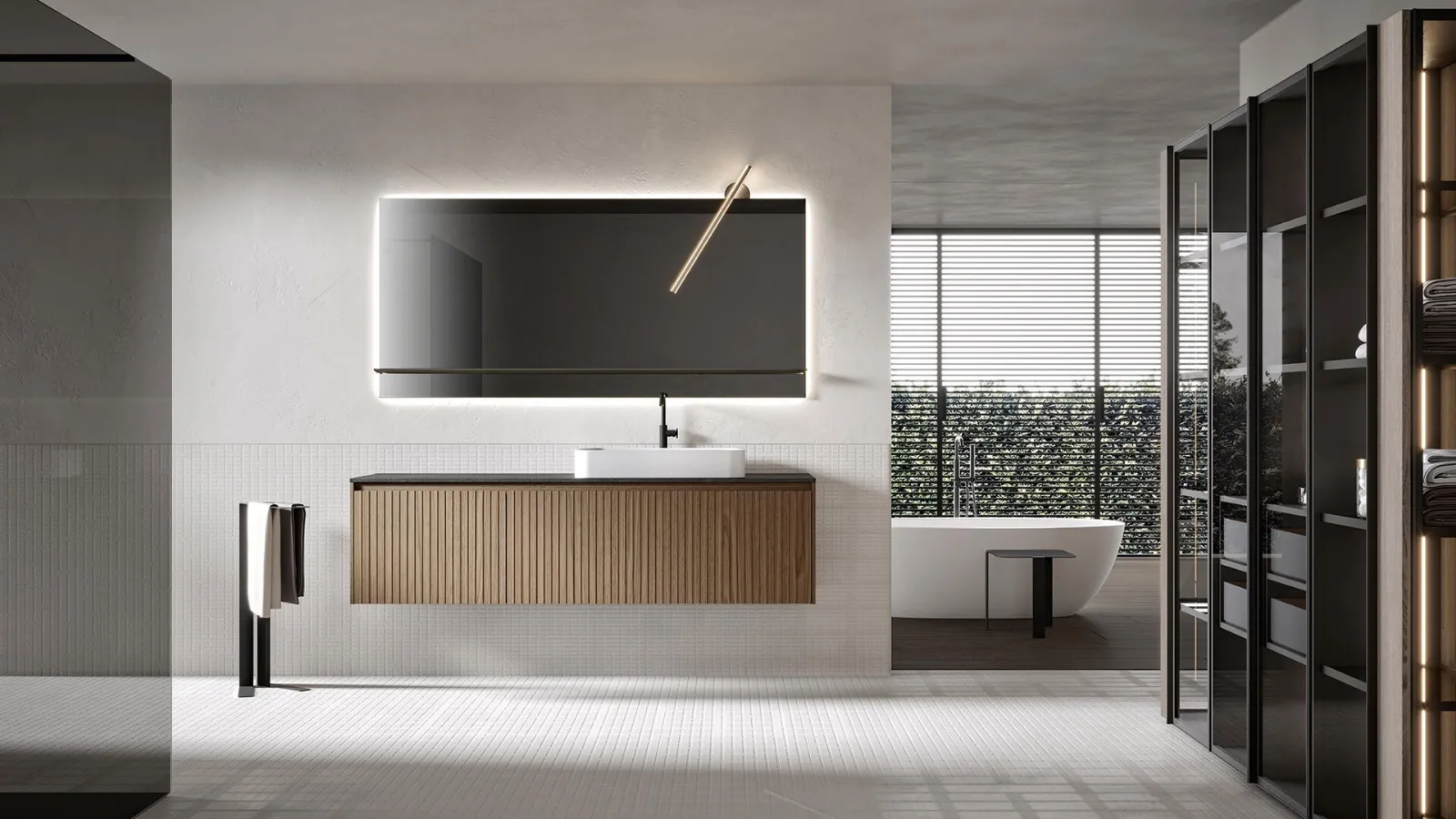 Eos 2317 wall-mounted bathroom cabinet with cumin-dyed chestnut structure and cumin-dyed chestnut Venetian texture finish front by Edoné