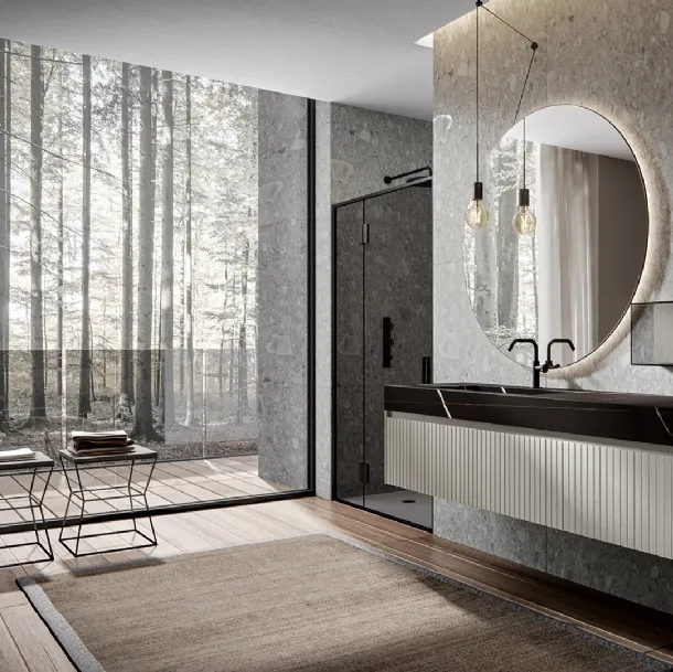 Eos 2321 wall-mounted bathroom cabinet in matte lacquered Quartz with Venetian texture front and Edoné Gres top