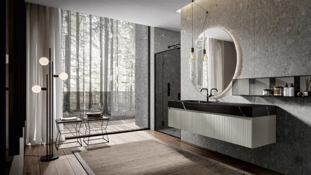 Eos 2321 wall-mounted bathroom cabinet in matte lacquered Quartz with Venetian texture front and Edoné Gres top