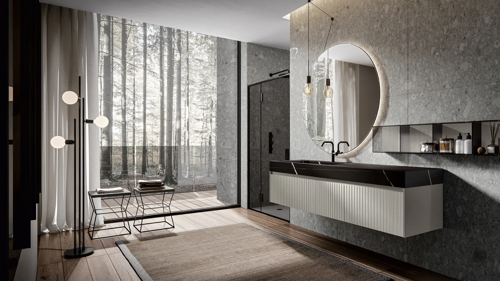 Eos 2321 wall-mounted bathroom cabinet in matte lacquered Quartz with Venetian texture front and Edoné Gres top