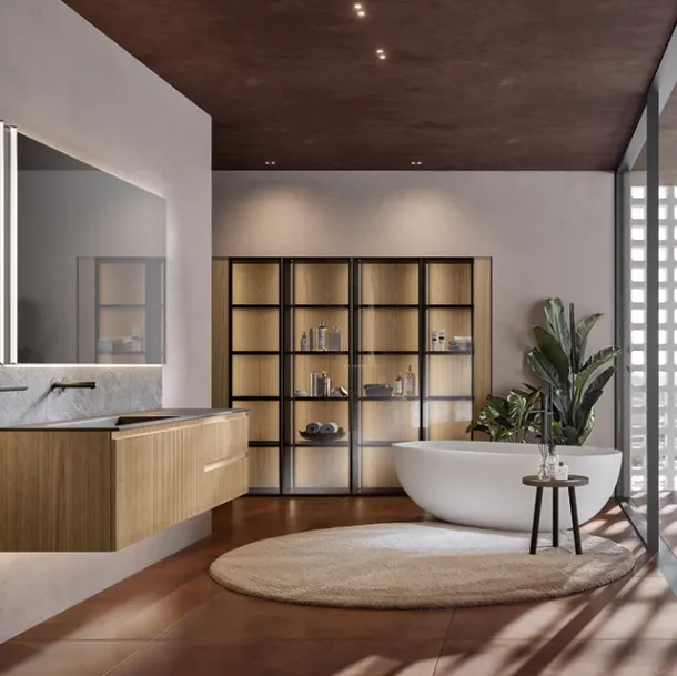 Eros 02 suspended bathroom cabinet in amber cannettato polymer by Edoné
