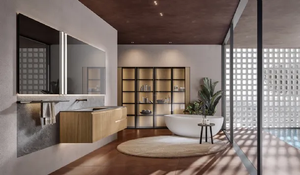 Eros 02 suspended bathroom cabinet in amber cannettato polymer by Edoné