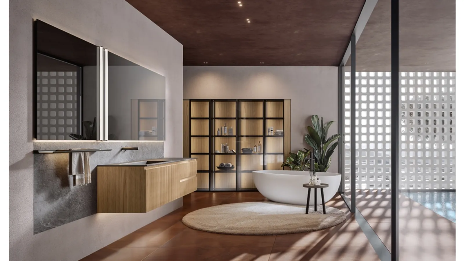 Eros 02 suspended bathroom cabinet in amber cannettato polymer by Edoné