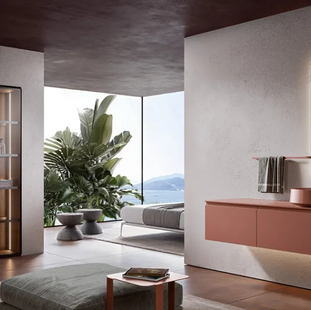 Eros 05 wall-mounted bathroom cabinet in lacquered polymer grapefruit by Edoné