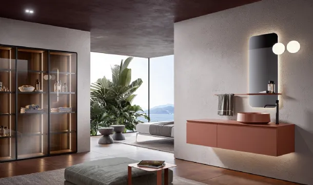 Eros 05 wall-mounted bathroom cabinet in lacquered polymer grapefruit by Edoné