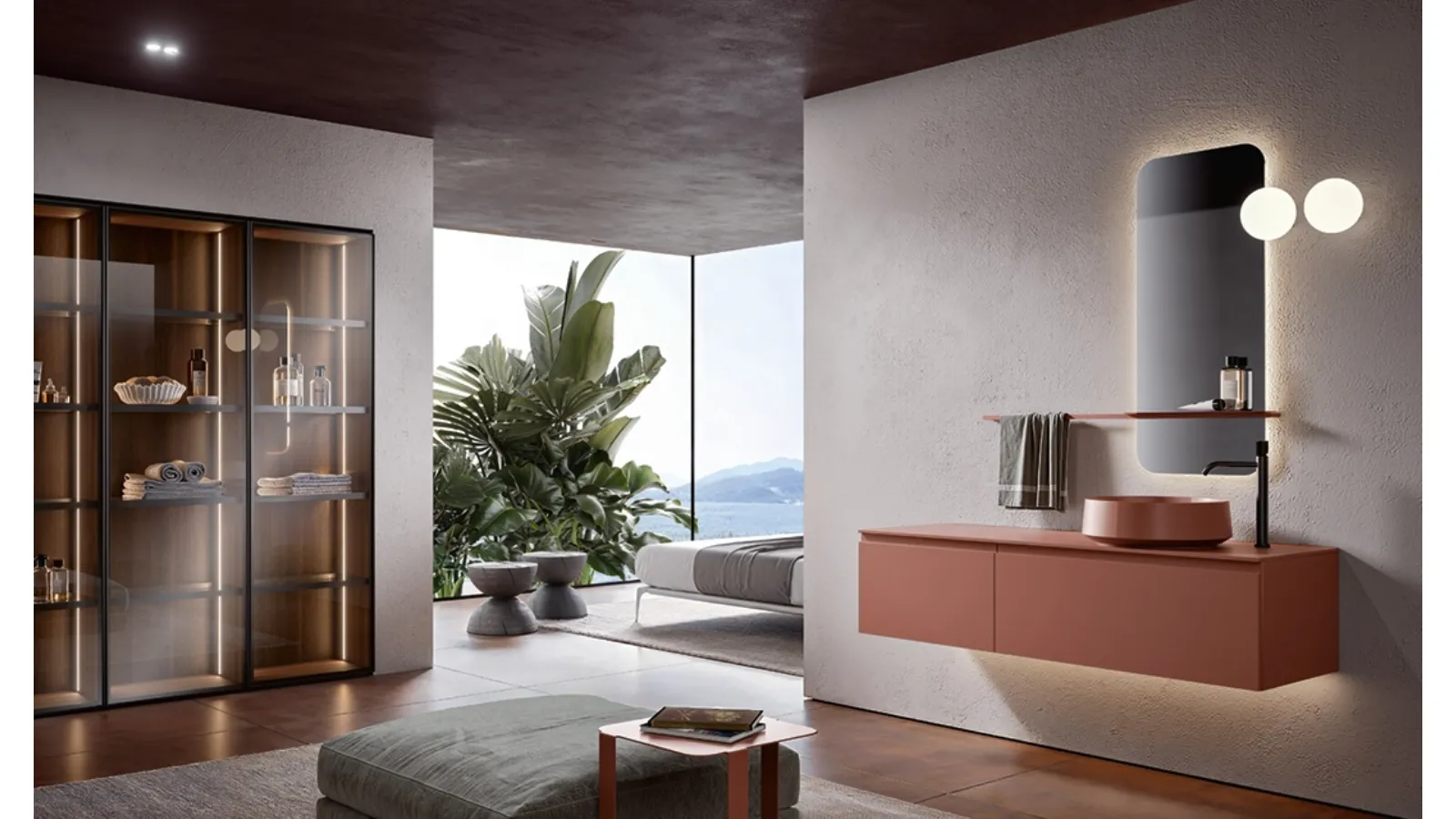 Eros 05 wall-mounted bathroom cabinet in lacquered polymer grapefruit by Edoné