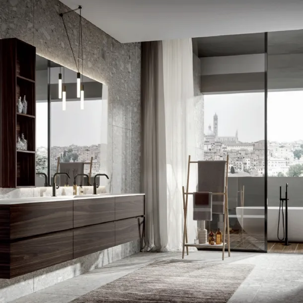 Modern suspended bathroom cabinet in heat-treated oak Nike 002 by Edoné
