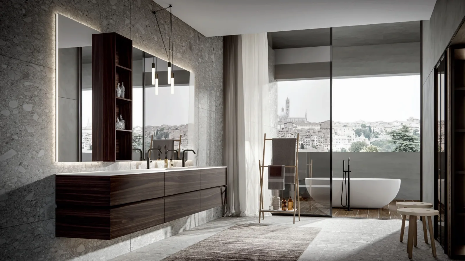 Modern suspended bathroom cabinet in heat-treated oak Nike 002 by Edoné