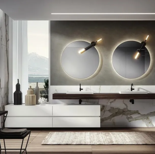 Wall-mounted bathroom cabinet in matte Panna lacquer with a heat-treated Oak Nike 004 top by Edoné