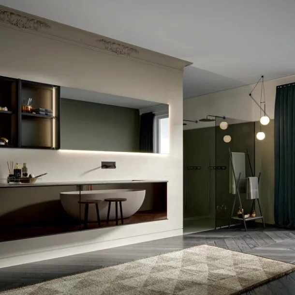 Wall-mounted Bathroom Cabinet with Fumè Mirror Front and Matte Asphalt Lacquered Structure with Rea 007 Aluminum Frame by Edoné